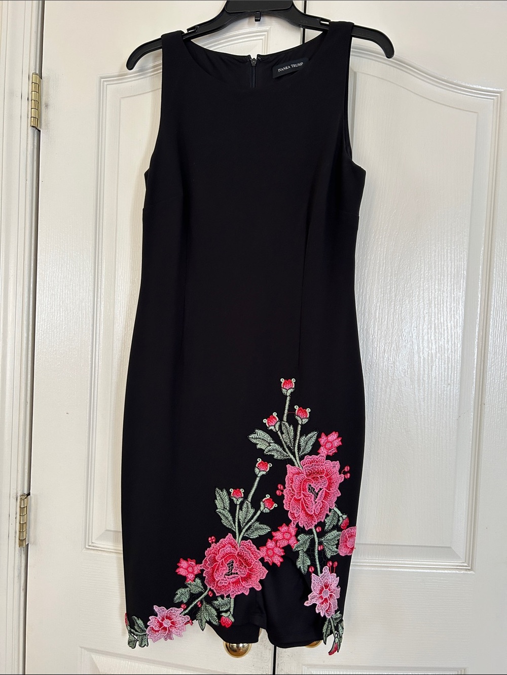 Ivanka Trump Black Sleeveless Dress with Pink Floral Embroidery